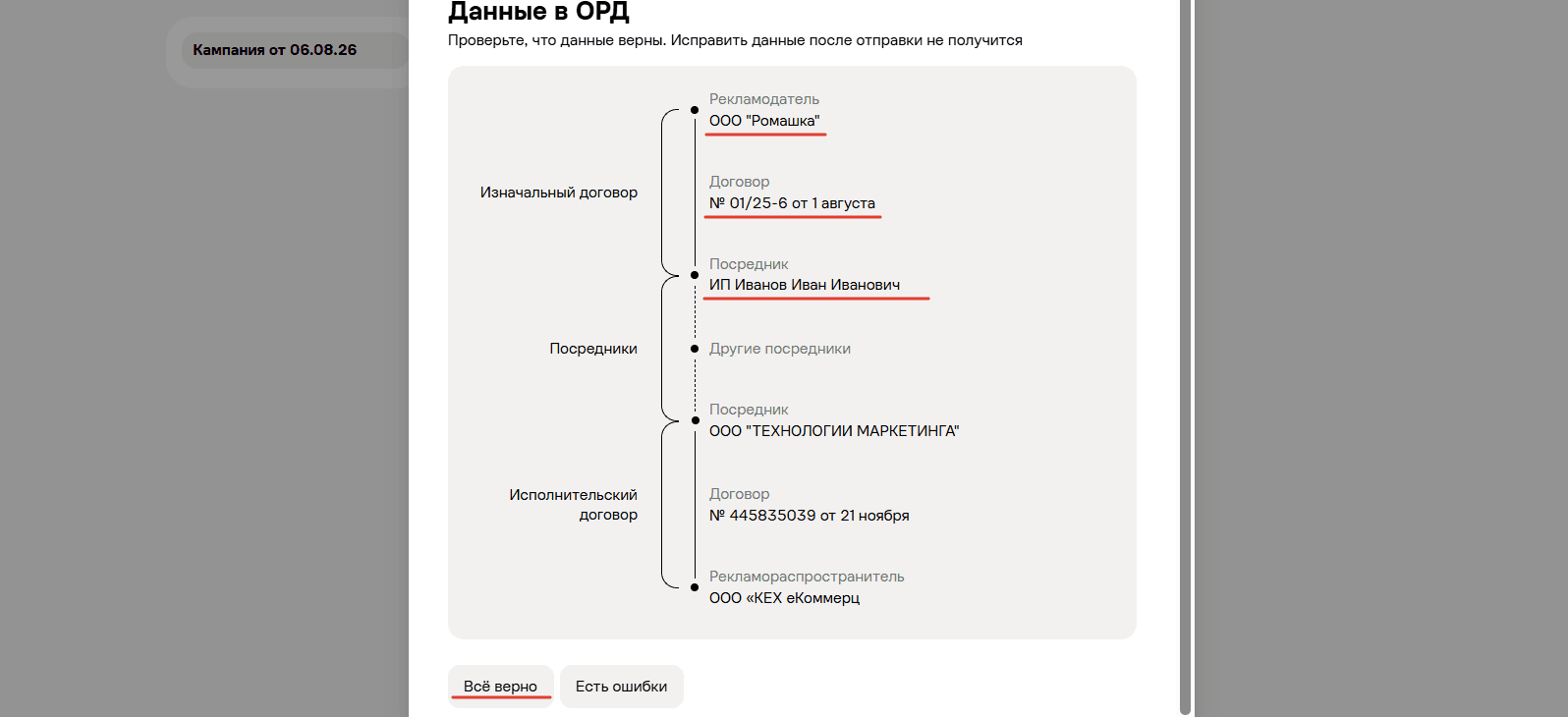 Заполнение юр. информации внутри Avito Ads